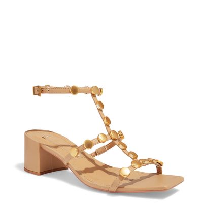 Sandália Napa Soft Bege Bico Quadrado Salto Bloco Baixo