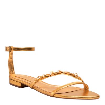Sandália Rasteira Metalizada Bico Fino Flor Dourada