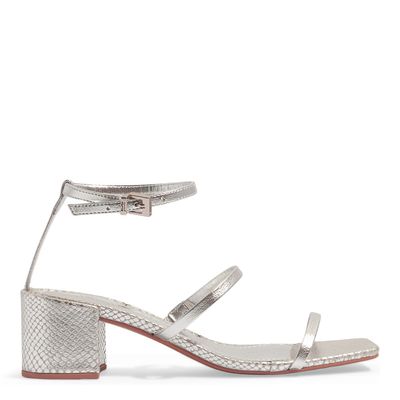 Sandália Prata Metalizada Soft Salto Bloco Snake