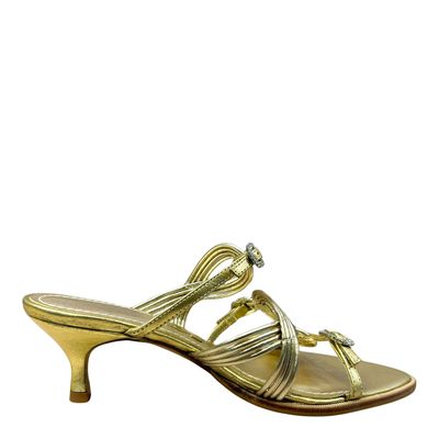 Mule Couro Metalizado Dourado Salto Baixo Fino