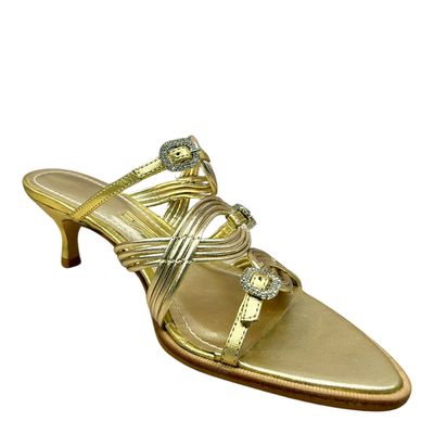 Mule Couro Metalizado Dourado Salto Baixo Fino