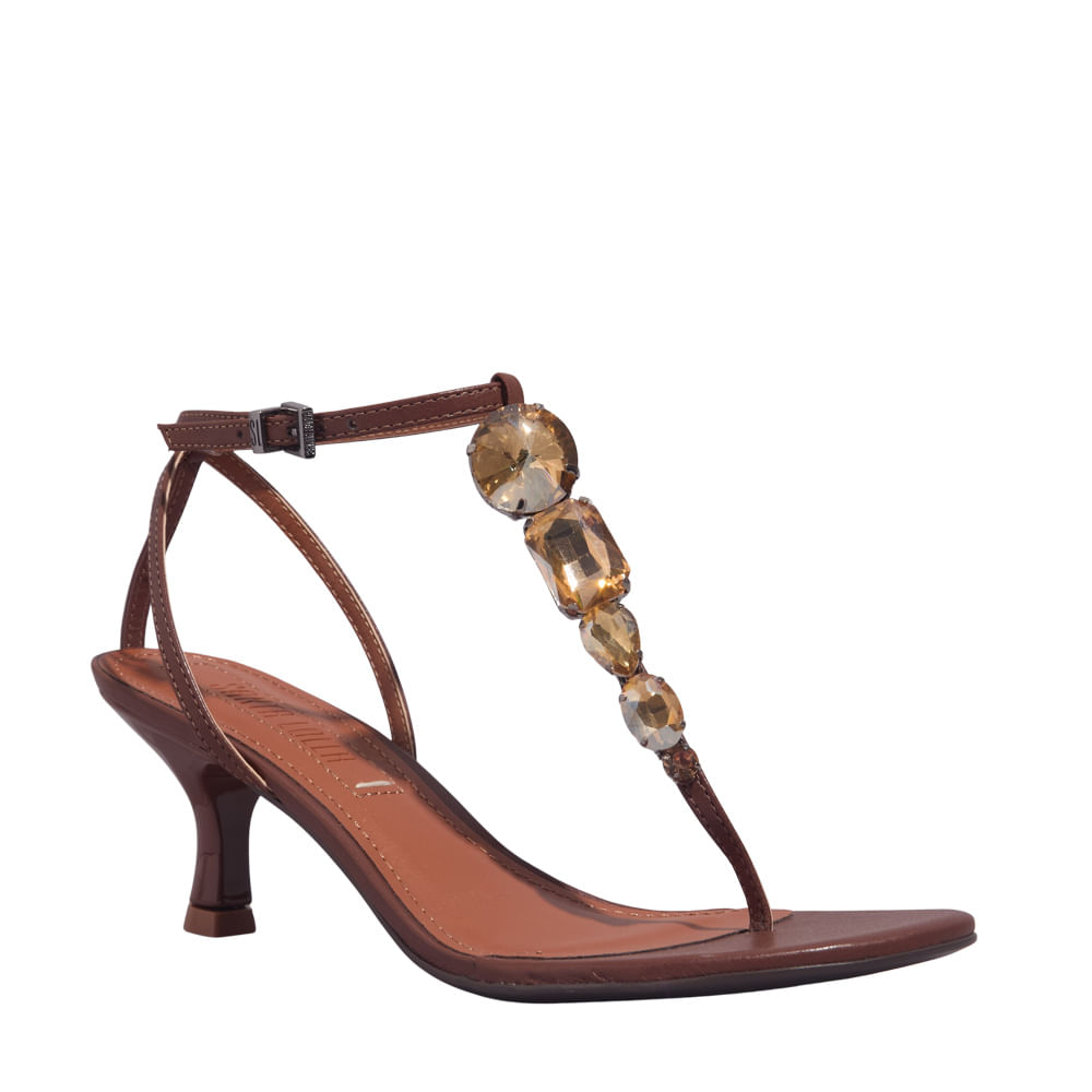 Sandália Tira Salomé Pedraria Napa Soft Marrom Salto Baixo Fino