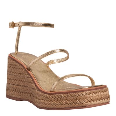 Sandália Espadrille Anabela Couro Metalizada Dourada