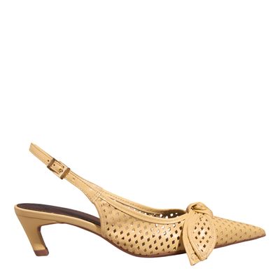 Scarpin Laço Couro Pelica Salto Baixo Fino Amarelo