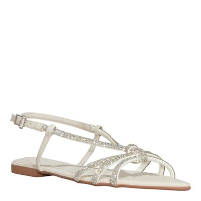 Rasteira Bico Folha Brilho Strass Off White