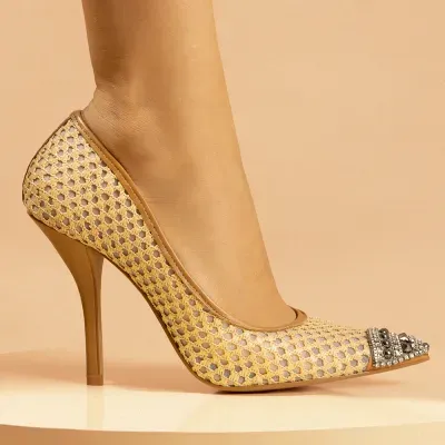 Scarpin Strass Salto Alto Fino Bege