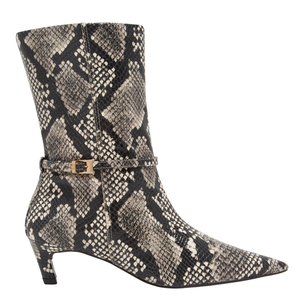 Bota Couro Animal Print Estampa Cobra Bico Fino Cano Médio