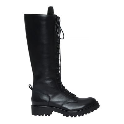 Bota Coturno Preta Couro Cano Longo