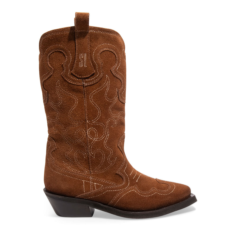 Bota Western Couro Camurça Marrom Safari Cano Longo