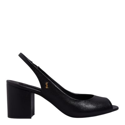 Peep Toe Slingback Couro Preto Salto Grosso