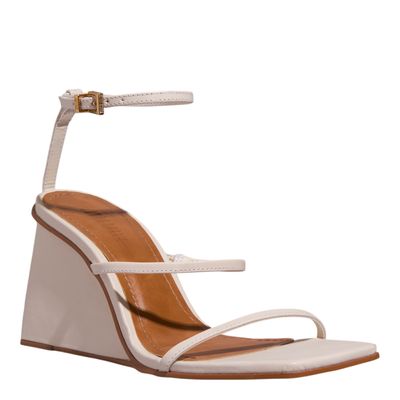 Sandália Anabela Couro Confort Bico Quadrado Off White
