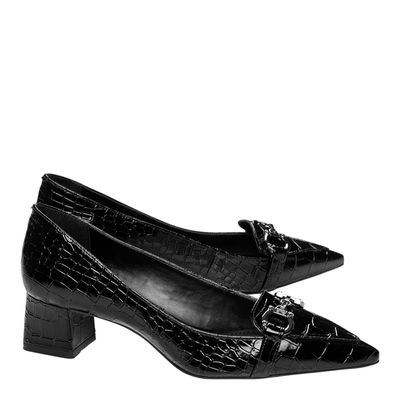 Scarpin Croco Envernizado Bico Fino Preto