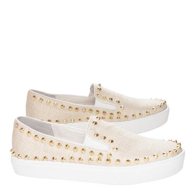 Tênis slip on tachas sl tecido linho off white
