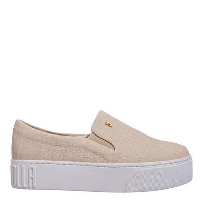 Tênis Slip On Plataforma Tecido Linho Bege