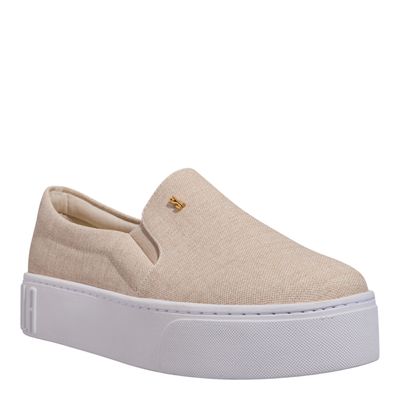 Tênis Slip On Plataforma Tecido Linho Bege