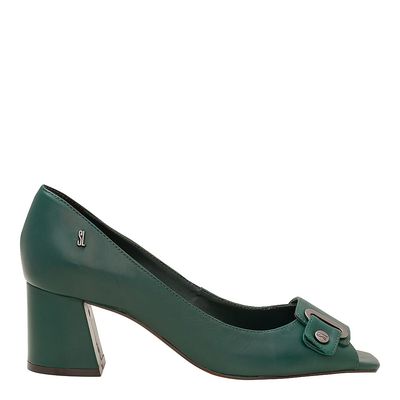Peep Toe Fivela Salto Grosso Verde