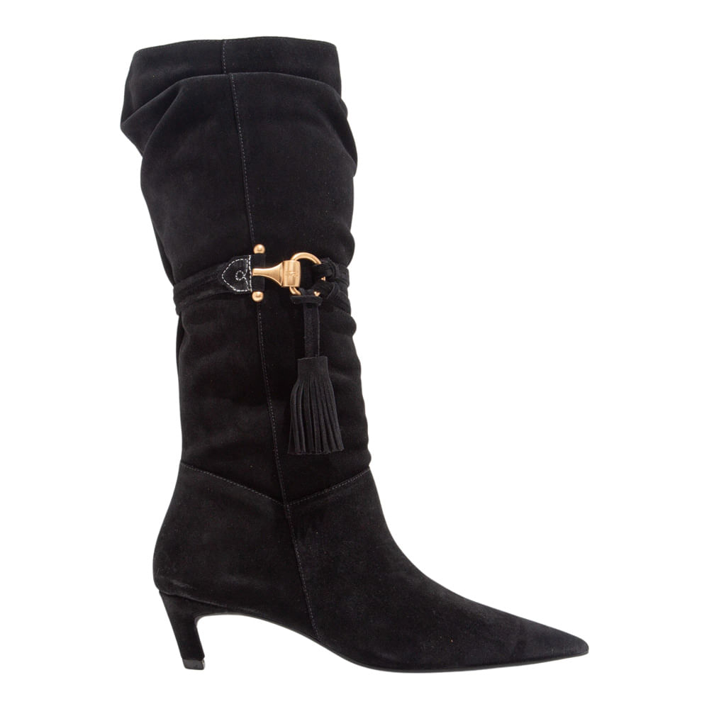 Bota Couro Camurça Preto Bico Fino Cano Longo
