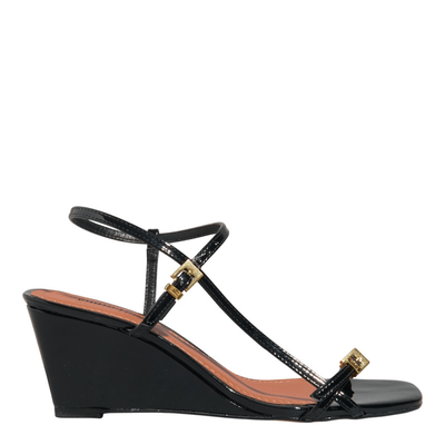 Sandália Verniz Bico Quadrado Preto Salto Anabela