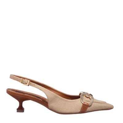 Scarpin Slingback Pedraria Linho Copacabana Bege Salto Baixo Bico Fino