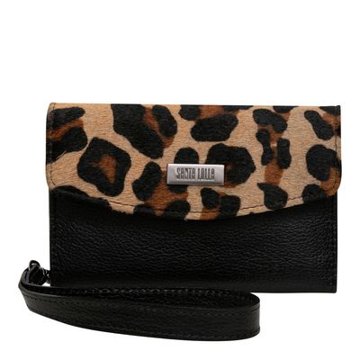 Carteira Couro Pêlo Animal Print e Preto