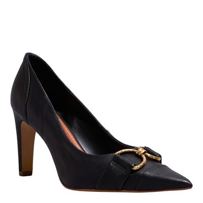 Scarpin Couro Pelica Preto Bico Fino Bridão