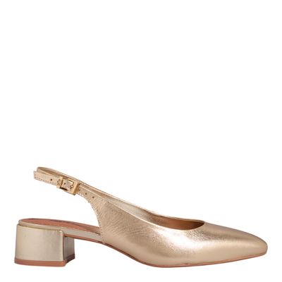 Scarpin Slingback Couro Metalizado Salto Bloco Dourado