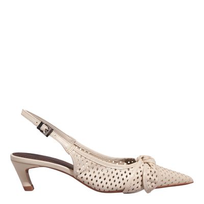 Scarpin Laço Couro Pelica Salto Baixo Fino Off White