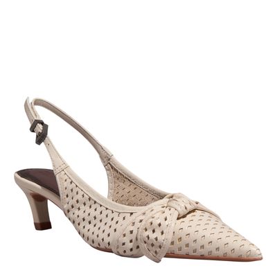 Scarpin Laço Couro Pelica Salto Baixo Fino Off White