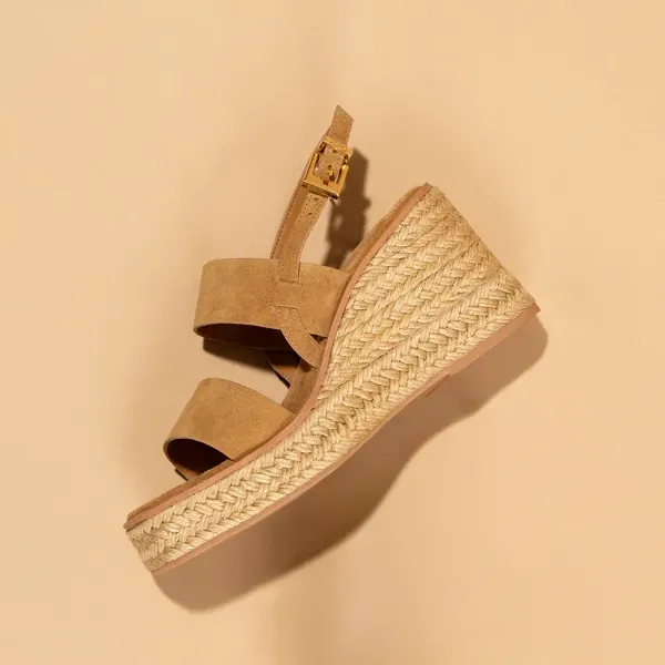 Sandália Espadrille Anabela Couro Camurça Caramelo