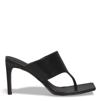 Mule Couro Confort Bico Quadrado Salto Fino Preto