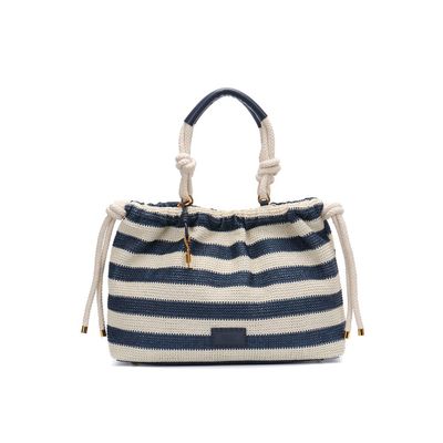 Bolsa Grande Tramado Alça De Ombro Listrada Azul e Branca