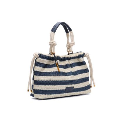 Bolsa Grande Tramado Alça De Ombro Listrada Azul e Branca