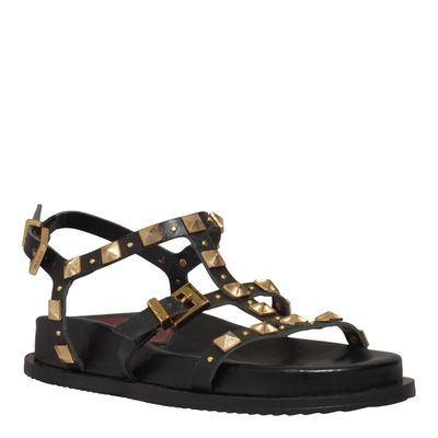 Papete Couro Confort Preta Tiras Spikes