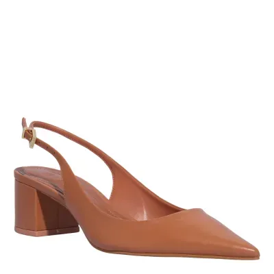 Scarpin Slingback Couro Salto Bloco Marrom Safari