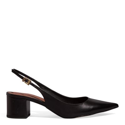 Scarpin Slingback Couro Salto Bloco Preto