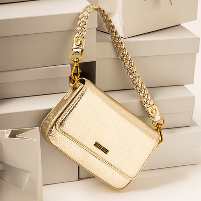 Bolsa Baguete Metalizado Snake Alça Trança Dourada