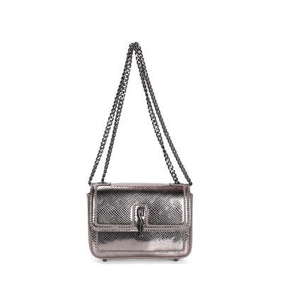 Bolsa Metalizada Cinza Grafite Alça Corrente De Ombro