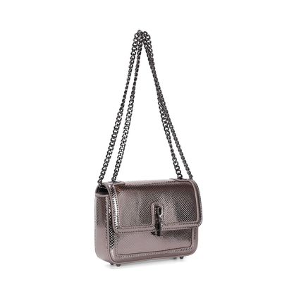 Bolsa Metalizada Cinza Grafite Alça Corrente De Ombro