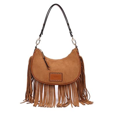 Bolsa Hobo Camurça Caramelo Franjas Alça de Ombro