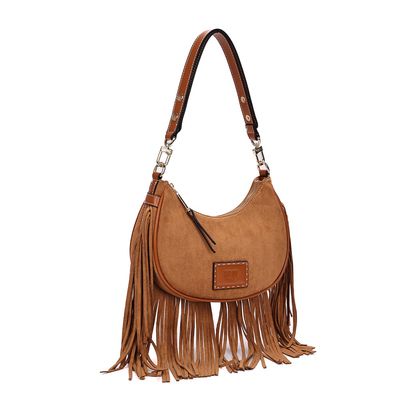 Bolsa Hobo Camurça Caramelo Franjas Alça de Ombro
