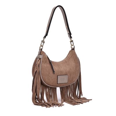 Bolsa Hobo Camurça Bege Franjas Alça de Ombro
