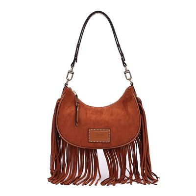 Bolsa Hobo Camurça Marrom Franjas Alça de Ombro