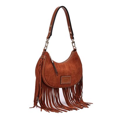Bolsa Hobo Camurça Marrom Franjas Alça de Ombro