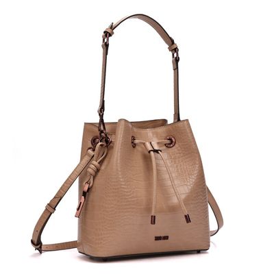 Bolsa Bucket Croco Bege Alça Dupla