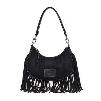 Bolsa Hobo Camurça Preta Franjas Alça de Ombro