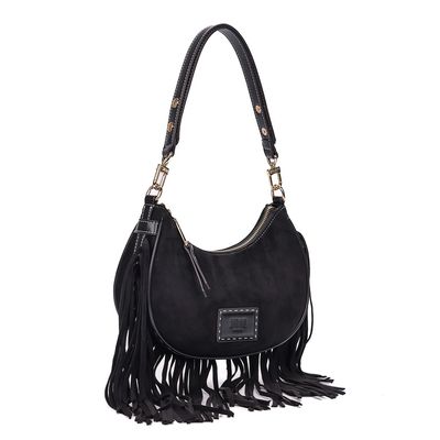 Bolsa Hobo Camurça Preta Franjas Alça de Ombro