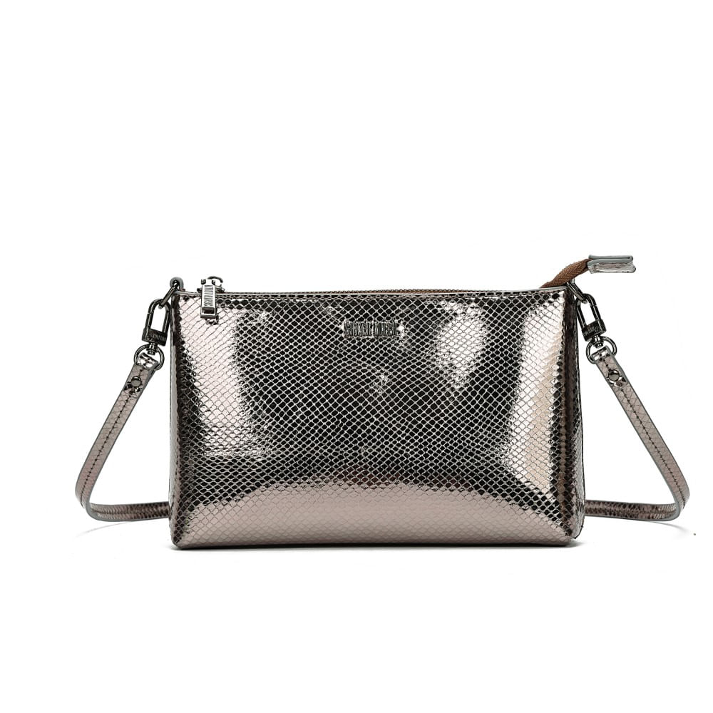 Clutch Metalizada Cinza Grafite Alça Transversal - Santa Lolla