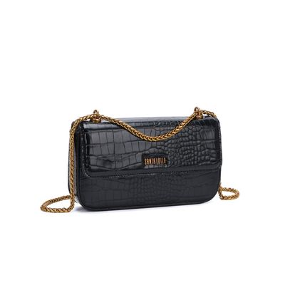 Bolsa Croco Preta Alça Transversal Corrente
