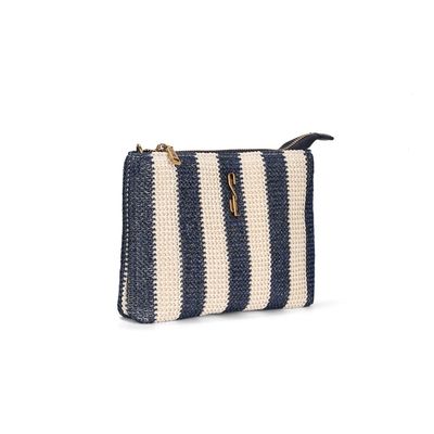 Bolsa Tramado Azul Listrada Alça Corrente Transversal