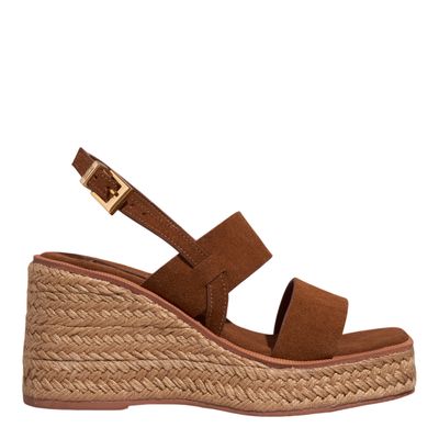 Sandália Espadrille Anabela Couro Camurça Marrom